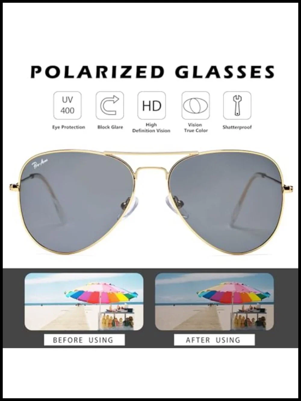 Classic Polarized Aviator Sunglasses Metal Frame UV400 Protection 58mm